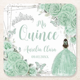 Mint Grönt Blommigt Princess Silver Quinceañera Underlägg Papper Kvadrat