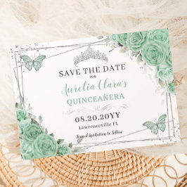 Mint Grönt Blommigt Silver Quinceanera XV Sweet 16 Spara Datumet