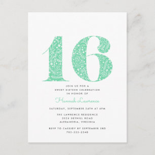 Mint Grönt Blommigt Sweet 16 Birthday-inbjudan Vykort