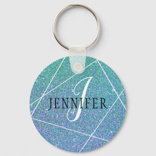 Mint Grönt Blue Faux Glitter Sparkles Monogram Nyckelring