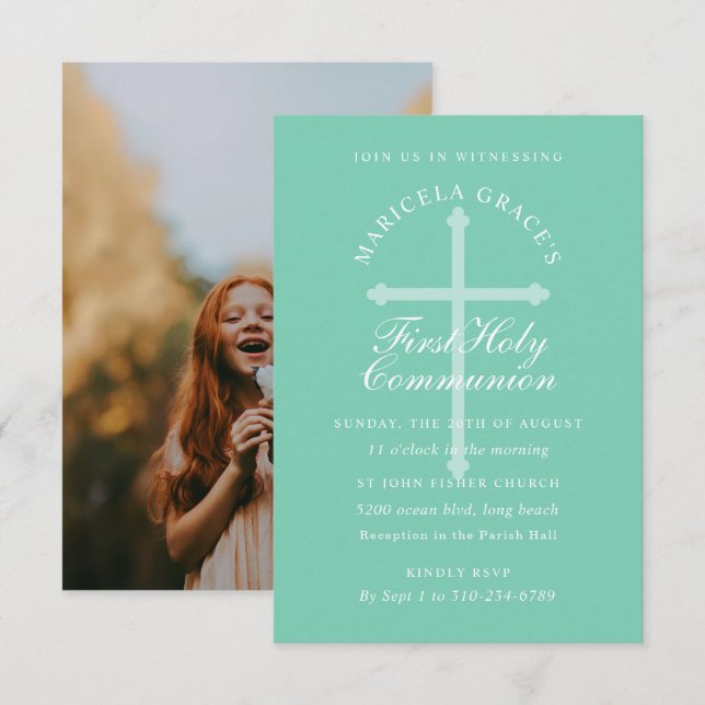 Mint Grönt Blue Kor First Communion Inbjudningar (Fram/baksida)