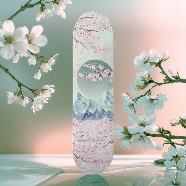 Mint Grönt Blue Rosa Cherry Blommar Måne Mountain Mini Skateboard Bräda 18,5 Cm (Skapare uppladdad)