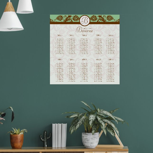 Mint Grönt Brown Damask Seating Chart 10 Bord Poster (Vardagsrum 1)