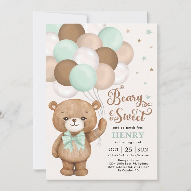 Mint Grönt Brown Nalle med Balloons Birthday Inbjudningar (Framsida)
