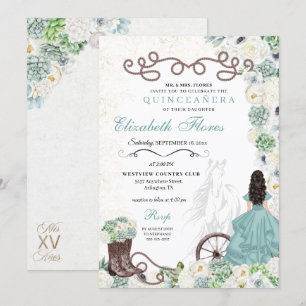Mint Grönt Cacti Western Charro Horse Quinceañera Inbjudningar