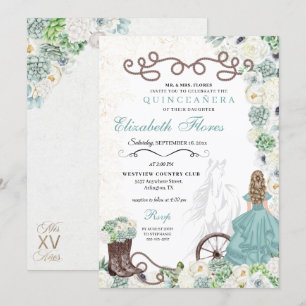 Mint Grönt Cacti Western Charro Horse Quinceañera Inbjudningar