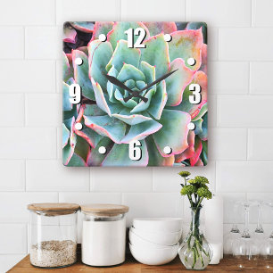Mint grönt cactus succulum-snyggt modern fyrkantig klocka