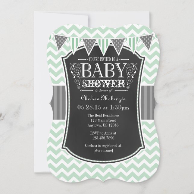 Mint Grönt Chalkboard Chevron Baby Shower Inbjudan (Framsida)