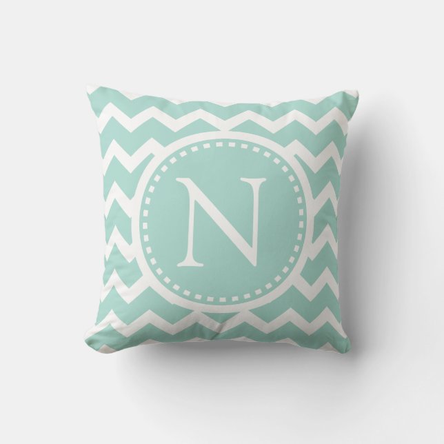 Mint Grönt Chevron Girly ZigZag Monogram Kudde (Framsida)