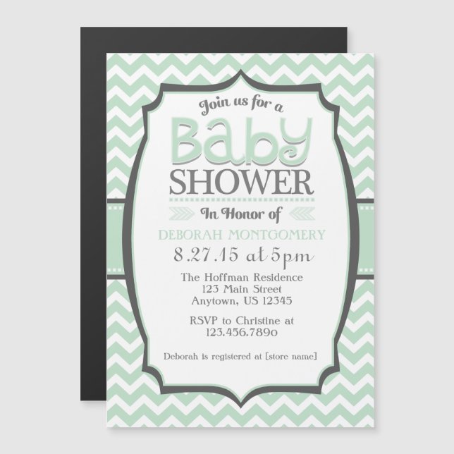 Mint Grönt Chevron Magnetic Baby Shower Inbjudan Magnetisk Inbjudningskort (Fram/baksida)