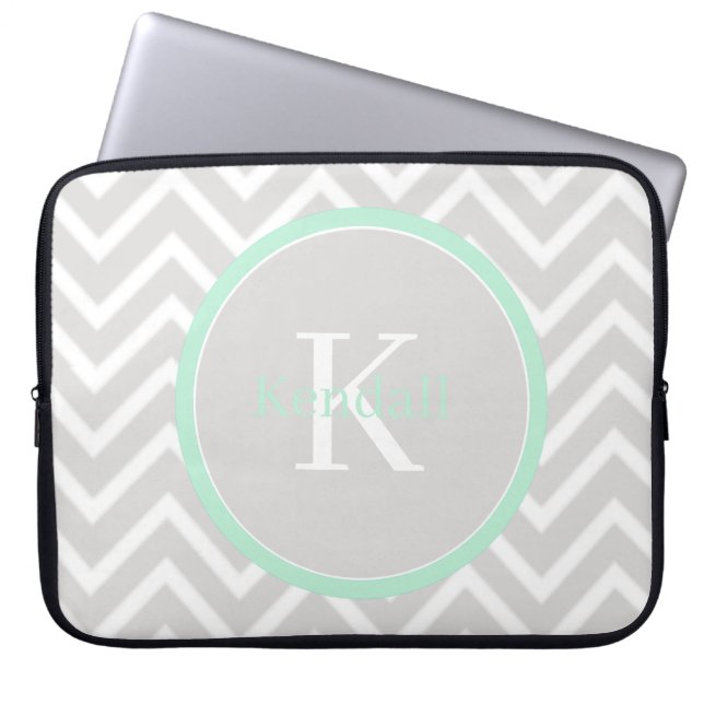 Mint Grönt Chevron Monogram Laptop Fodral (Framsidan)