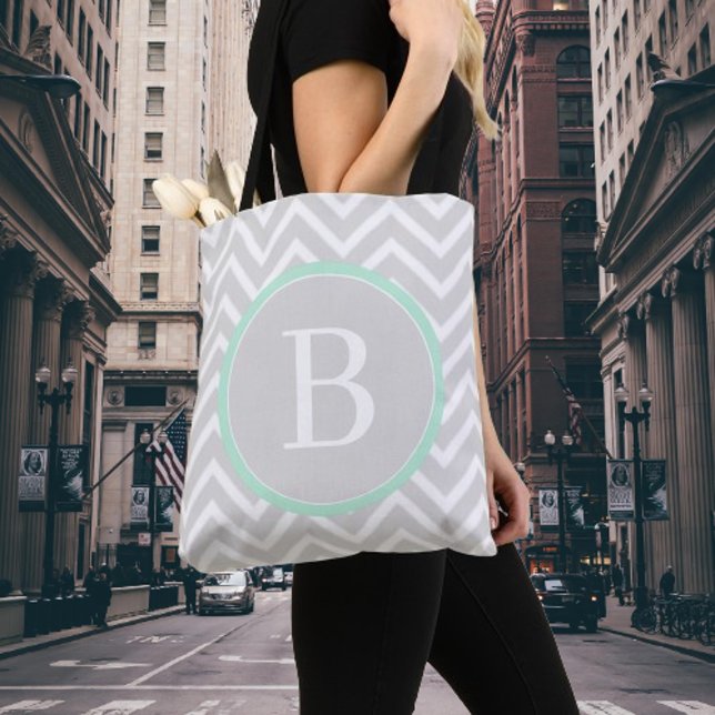 Mint Grönt Chevron Monogram Tote Bag Tygkasse (Mint Green Chevron Monogram Tote Bag)