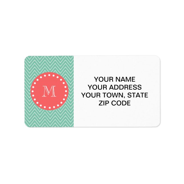 Mint Grönt Chevron Mönster | Coral Monogram Adressetikett (Framsidan)