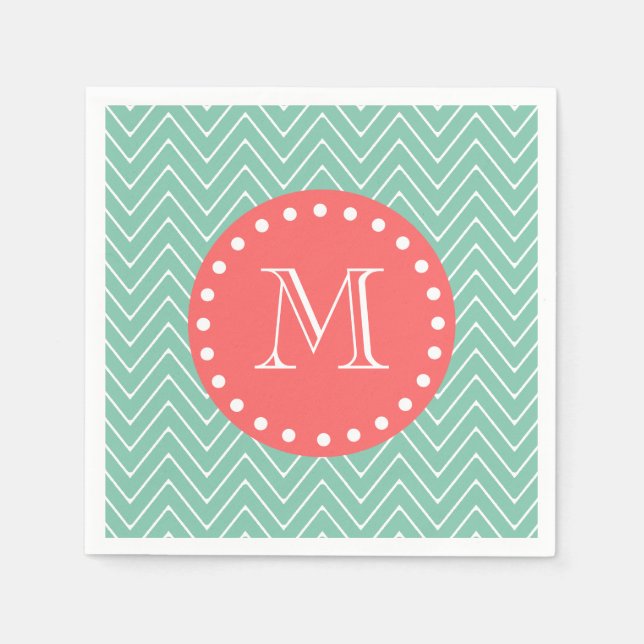 Mint Grönt Chevron Mönster | Coral Monogram Pappersservett (Framsidan)