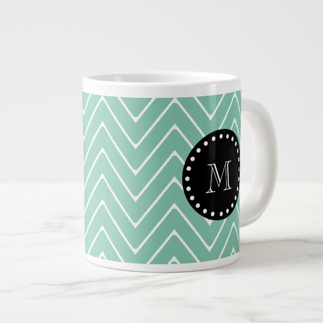 Mint Grönt Chevron Mönster| Svart Monogram Jumbo Mugg (Framsida höger)