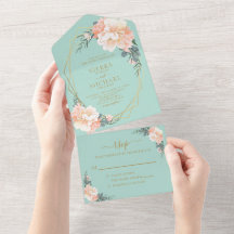 Mint Grönt Chic Guld Peach Blommigt Bröllop