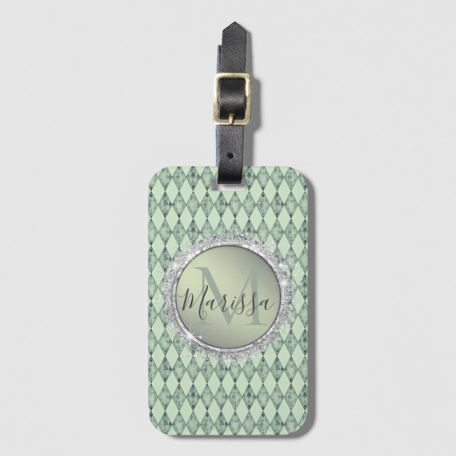 Mint Grönt Chic Harlequin Monogram Bagagebricka (Framsida vertikal)