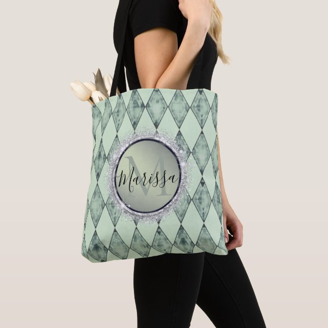 Mint Grönt Chic Harlequin Monogram Glitter Tygkasse (Närbild)