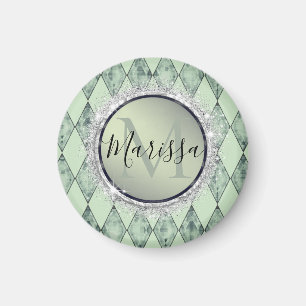 Mint Grönt Chic Harlequin Monogram Magnet