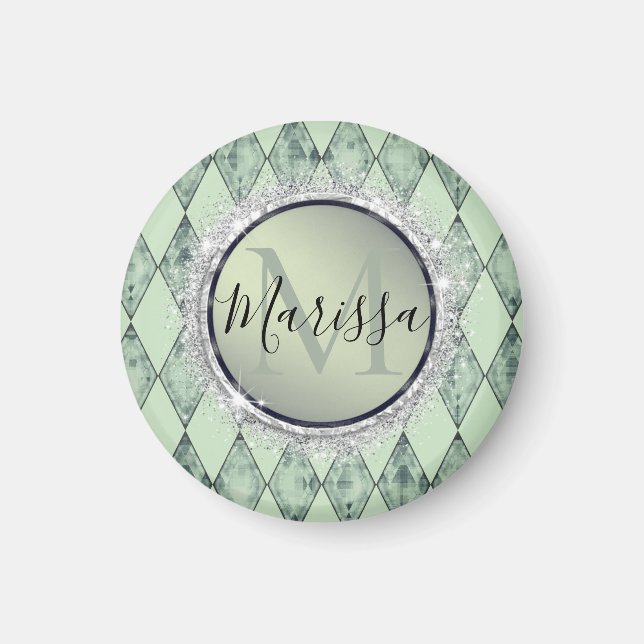 Mint Grönt Chic Harlequin Monogram Magnet (Framsidan)