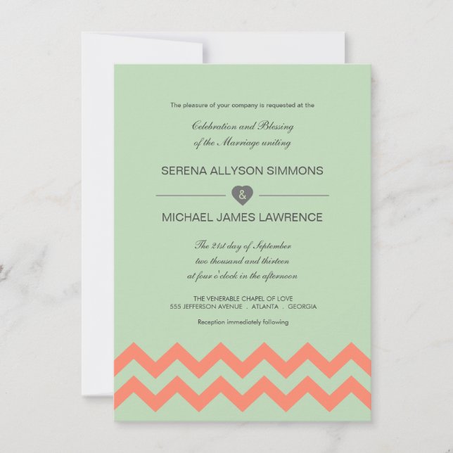 Mint Grönt & Coral Chevron Wedding bjudande Inbjudningar (Framsida)