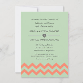 Mint Grönt & Coral Chevron Wedding bjudande Inbjudningar