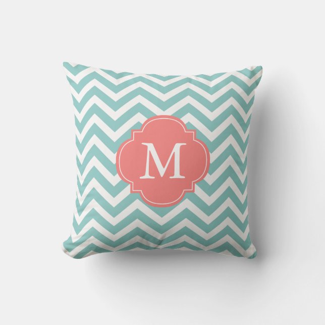 Mint Grönt Coral Zigzag Mönster Monogram Kudde (Framsida)