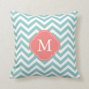Mint Grönt Coral Zigzag Mönster Monogram Kudde
