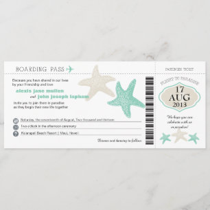 Mint Grönt Cream Starfish Boarding Pass Bröllop Inbjudningar