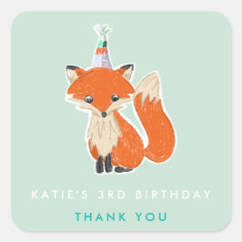 Mint Grönt Cute Fox Party Hat Woodland Birthday Fyrkantigt Klistermärke