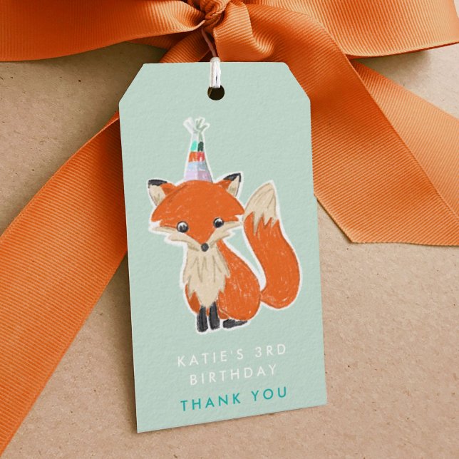 Mint Grönt Cute Fox Party Hat Woodland Tack Presentetikett (Cute orange fox in a party hat mint birthday party favor gift tags.)