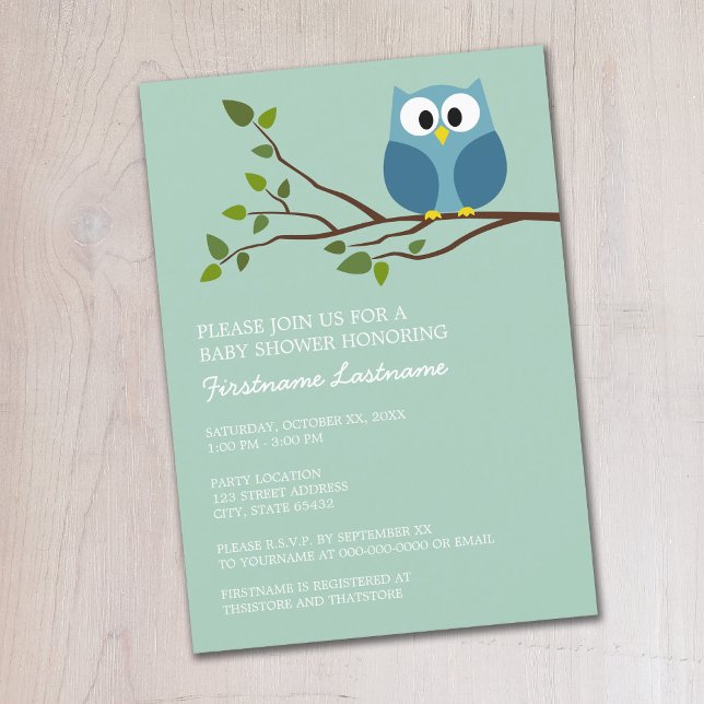 Mint Grönt Cute Uggla på Gren Pojke Shower Inbjudningar (Cute Woodland Owl Baby Shower Invitation - Mint Green and Blue Owl)