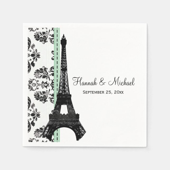 Mint Grönt Damask Eiffel Torn Bröllop Pappersservett (Framsidan)