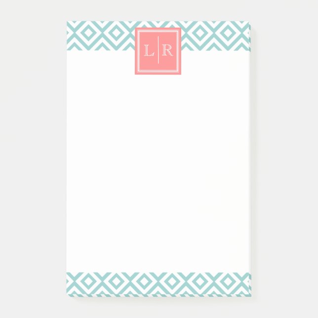 Mint Grönt Diamonds Mönster och Monogram Post-it Block (Framsida)