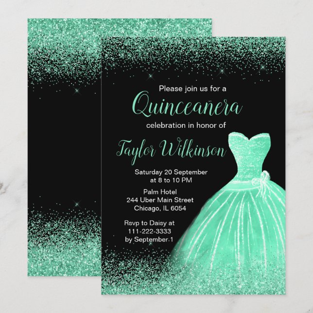 Mint Grönt Dress Faux Glitter Quinceanera Inbjudningar (Fram/baksida)