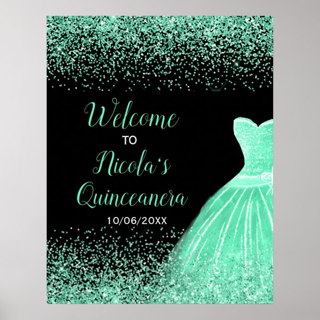 Mint Grönt Dress Faux Glitter Quinceanera Välkomme Poster (Framsidan)