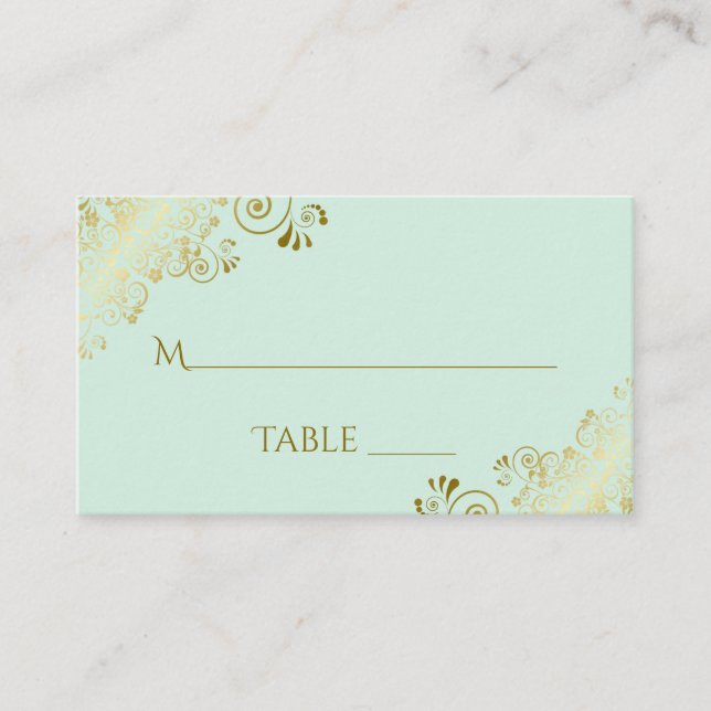 Mint Grönt Elegant Guld Frills Bröllop Escort Card Placeringskort (Framsida)