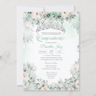 Mint Grönt Elegant Watercolor Blommigt Quinceañera Inbjudningar