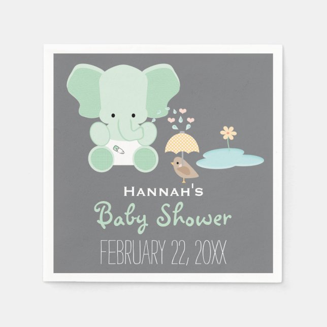 Mint Grönt Elephant in Diaper Bird Baby Shower Pappersservett (Framsidan)