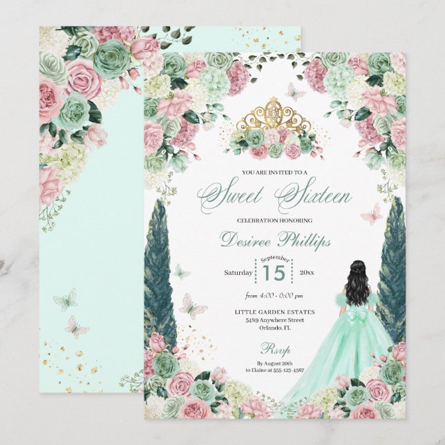 Mint Grönt &  Enchanted Garden Sweet sixteen Inbjudningar (Fram/baksida)