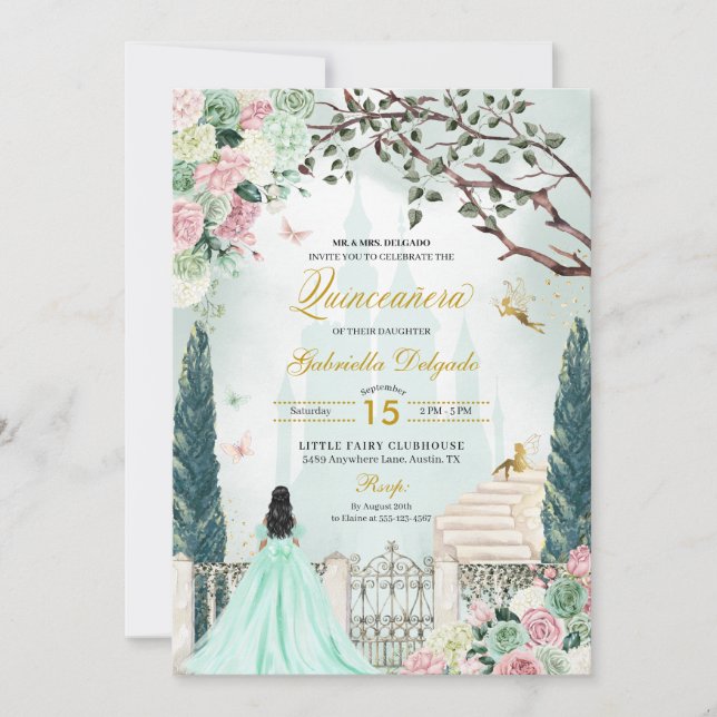 Mint Grönt Fairytale Enchanted Garden Quinceanera Inbjudningar (Framsida)