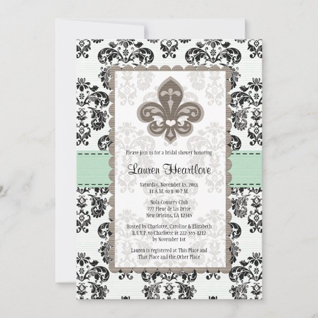Mint Grönt Fleur de Lis Inbjudningskort för möhipp (Framsida)