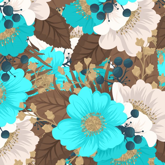 Mint Grönt Flower Kudde (The pattern features a mix of turquoise and cream-colored flowers and brown leaves.)