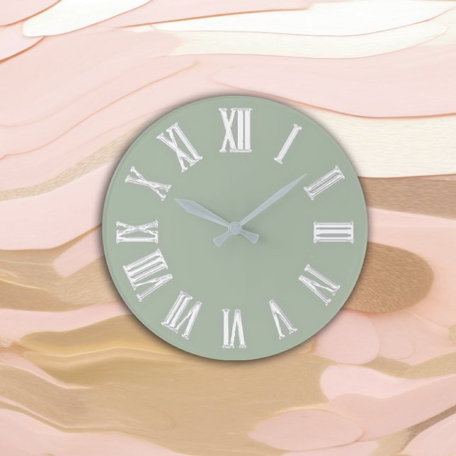 Mint-Grönt för minimala romerska tal Silver Stor Klocka (Metallic Minimal Roman Numbers Silver Mint Green Large Clock)