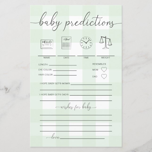 Mint Grönt Gingham Baby Predictions Game (Framsida)