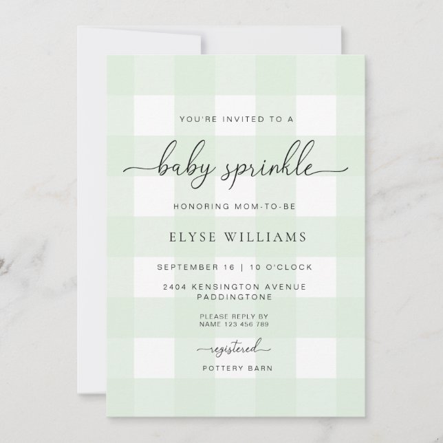 Mint Grönt Gingham Baby Sprinkle Inbjudningar (Framsida)