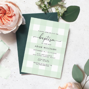 Mint Grönt Gingham Baptism-inbjudan Inbjudningar