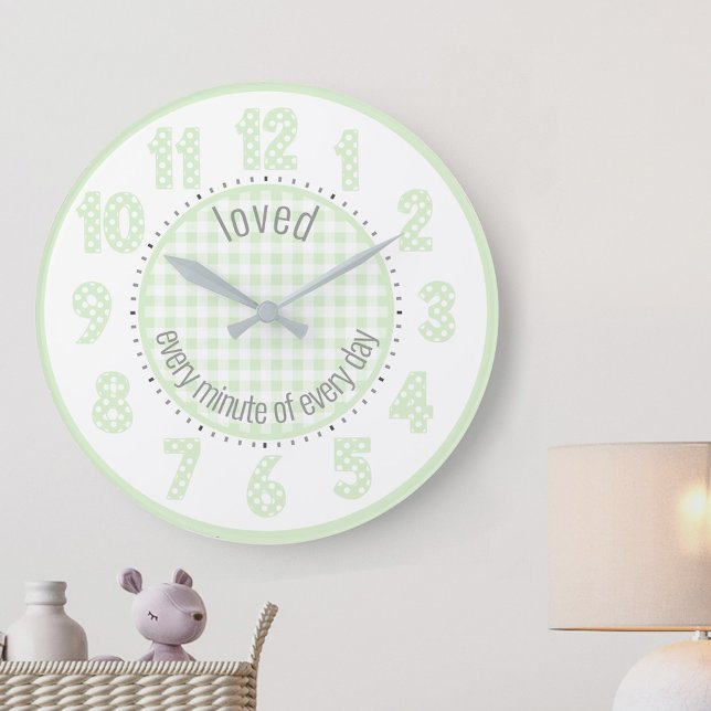 Mint Grönt Gingham Check and Polka Dot Numbers Stor Klocka (Baby nursery clock with mint gingham, polka dots and cute wording, "loved every minute of every day")