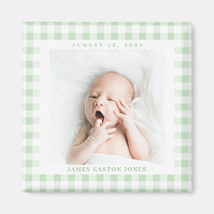 Mint Grönt Gingham Check Baby Birthdate Magnet
