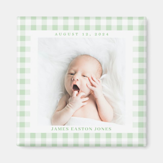 Mint Grönt Gingham Check Baby Birthdate Magnet (Framsidan)